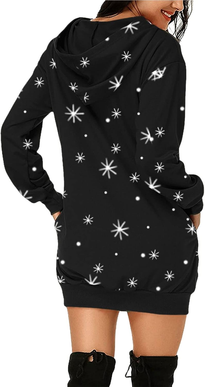 woobles Hoodie Dress, Womens Hoodie Dress Christmas Pattern Print Polyester Casual for Shopping - Image 2